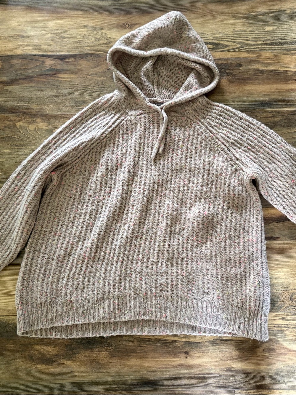 aerie Taupe Ribbed Hooded Sweater with Pink Flecks